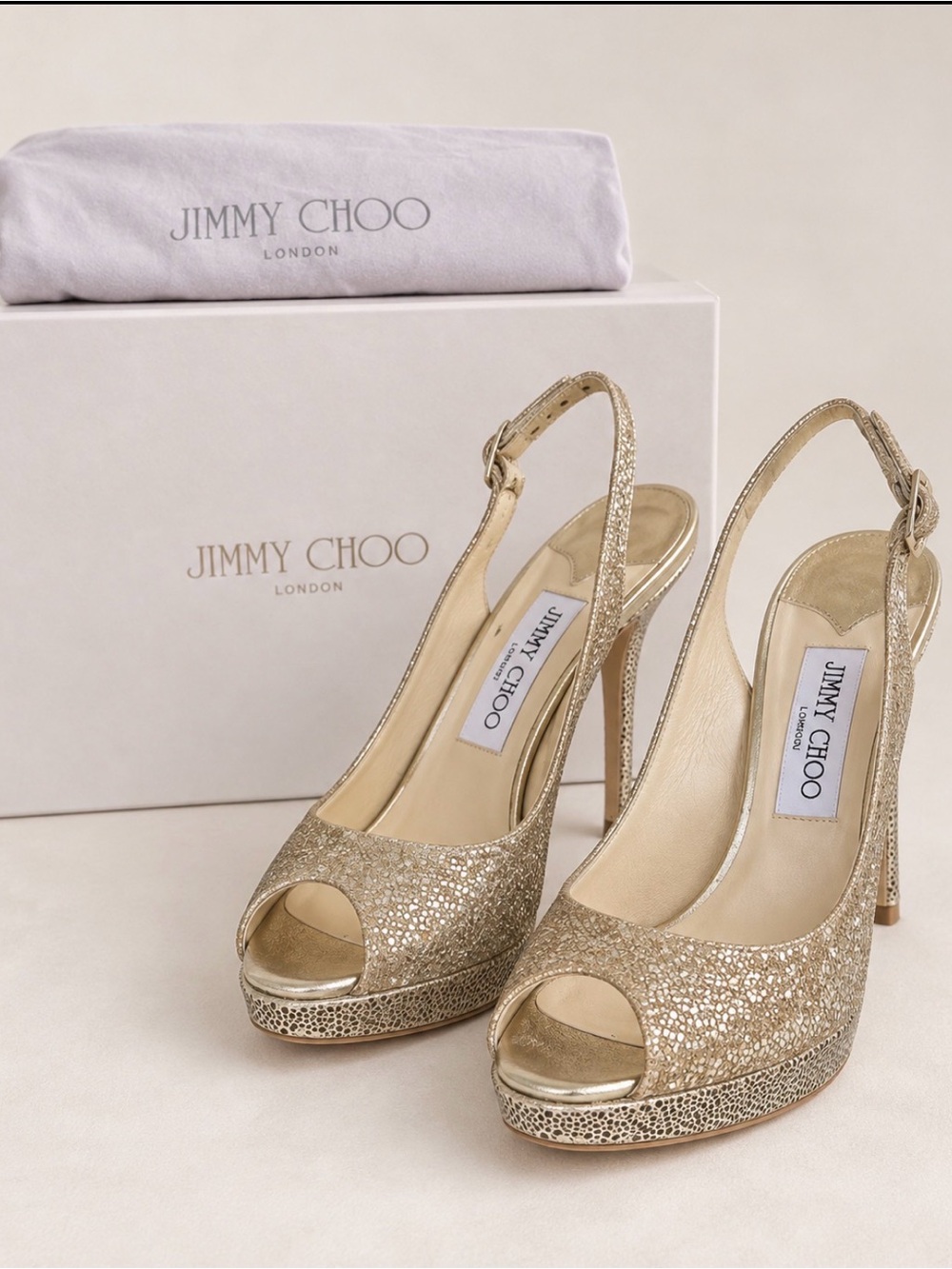 Jimmy Choo Gold Glitter Peep-Toe Slingback Platforms